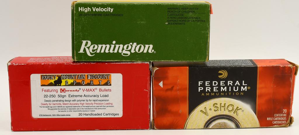 60 Rounds Of Various .22-250 Rem Ammunition: 60 Rounds Of Various .22-250 Rem Ammunition, 20 Rounds Are Extremunition 50 Grain V-max Polymer Tip Ammo, 20 Rounds Are Remington 55 Grain Pointed Soft Points, & 20 Rounds Are Federal Premium 55 Grain