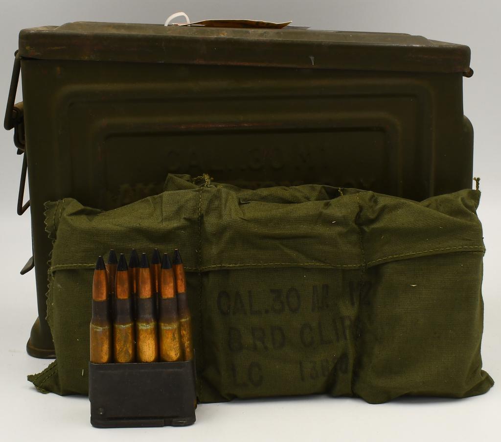 Approx 144 Rounds of .30-06 AP Ammunition: Approx 144 Rounds of .30-06 AP Ammunition, Brass Cased , Black Tip Armor Piercing .30-06 Springfield Ammunition With Bandoliers On Enbloc Clips , Also Comes With A .30 M1 Marked Metal Ammunitions Can
