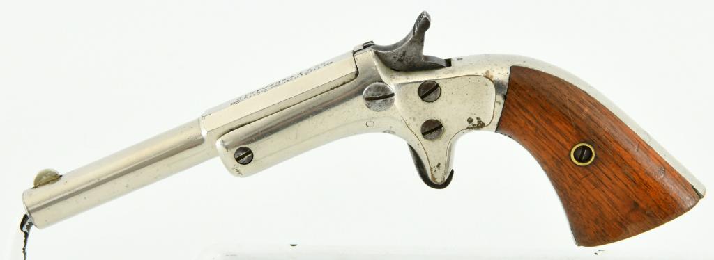 J. Stevens A&T Co. Tip Up Single Shot Pistol: Up Next We Have a J. Stevens A&T Co. 3rd Model Tip Up Single Shot Pistol, 3 1/2" Barrel, Open Sight, Two line "J Stevens A&T Co." barrel marking with 1864 patent date.