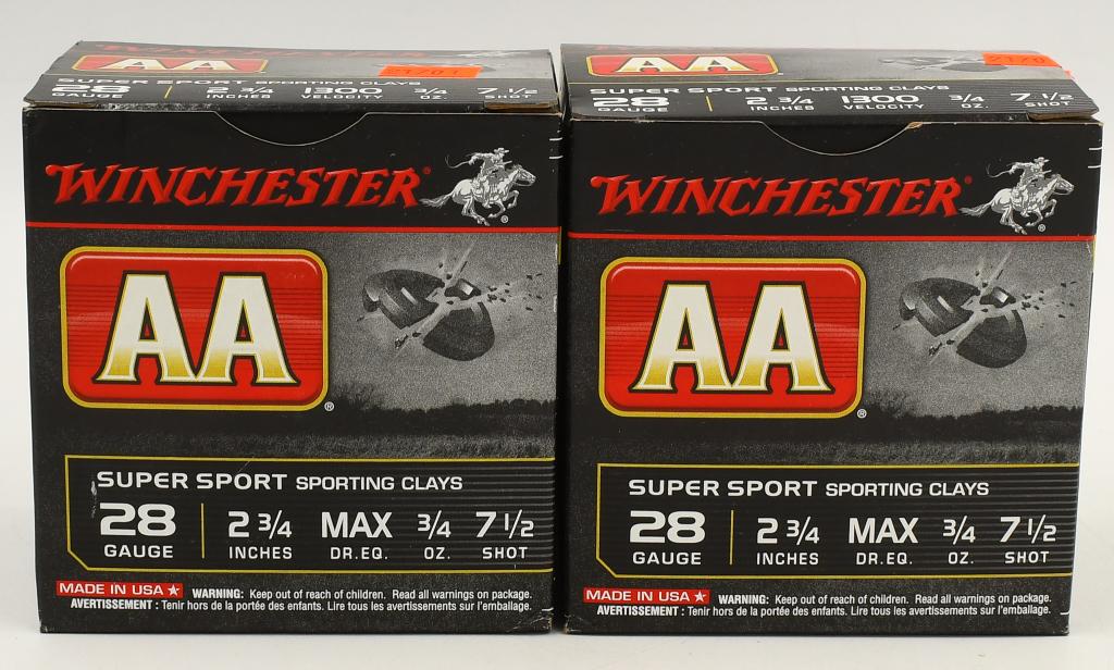 50 Rounds Of Winchester AA 28 Ga Shotshells: 50 Rounds Of Winchester AA 28 Ga Shotshells, 2 3/4" 1300 Velocity, 3/4 OZ 7 1/2 Shot Super Sport Sporting Clay Plastic Shotshells made In USA