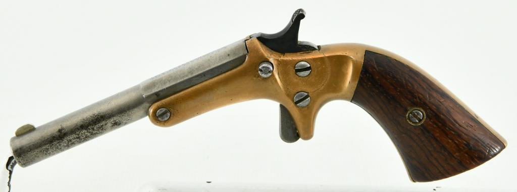 J. Stevens A&T Co. Tip Up Single Shot Pistol: Up Next We Have a J. Stevens A&T Co. Tip Up Single Shot Pistol, 3 1/2" Barrel, Open Sight, Two line "J Stevens A&T Co." barrel marking with 1864 patent date.