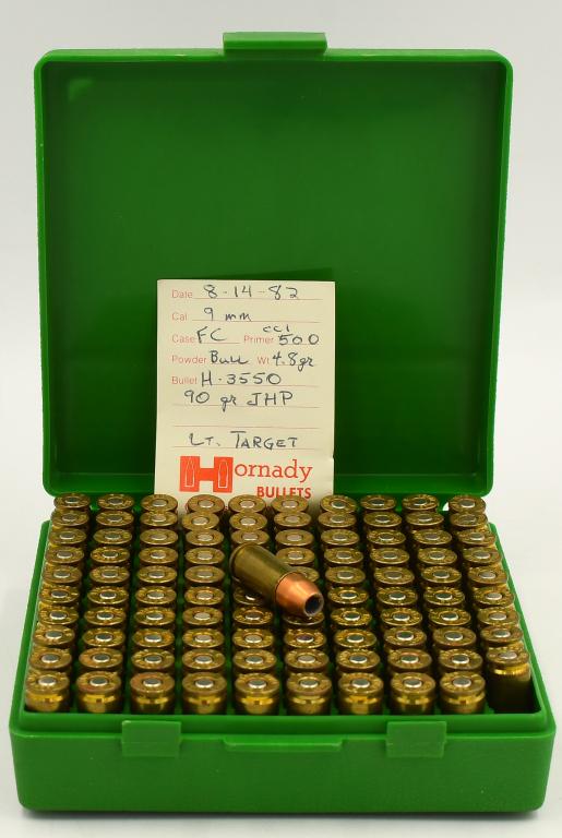 100 Rounds Of JHP 9mm Luger Ammunition: 100 Rounds Of JHP 9mm Luger Ammunition, Remanufactured Brass Cased Round Nose Jacketed Hollow Point 90 Grain Target Ammunition, Also Comes With Plastic Ammunition Storage Container
