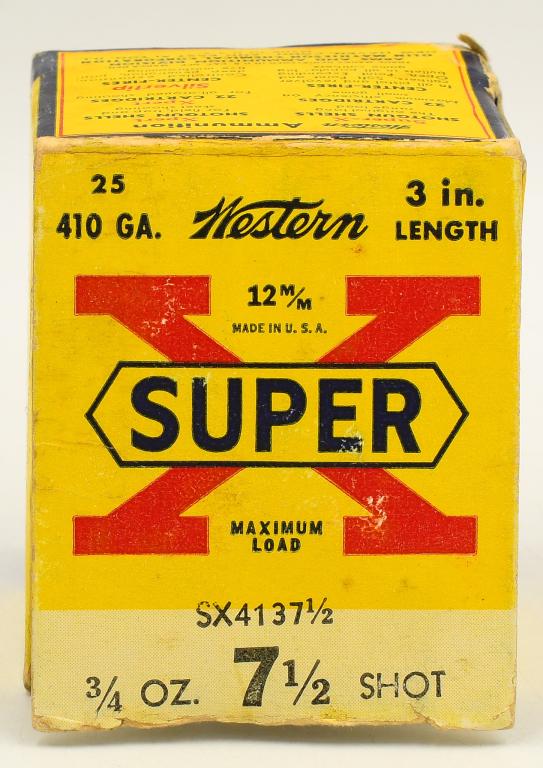 25 Rounds Of Western Super-X .410 Ga Shotshells: 25 Rounds Of Western Super-X .410 Ga Shotshells, 3" Maximum Load 3/4 OZ 7 1/2 Shot Long Range Short Shot String Shotshells in Original Box , Made In USA