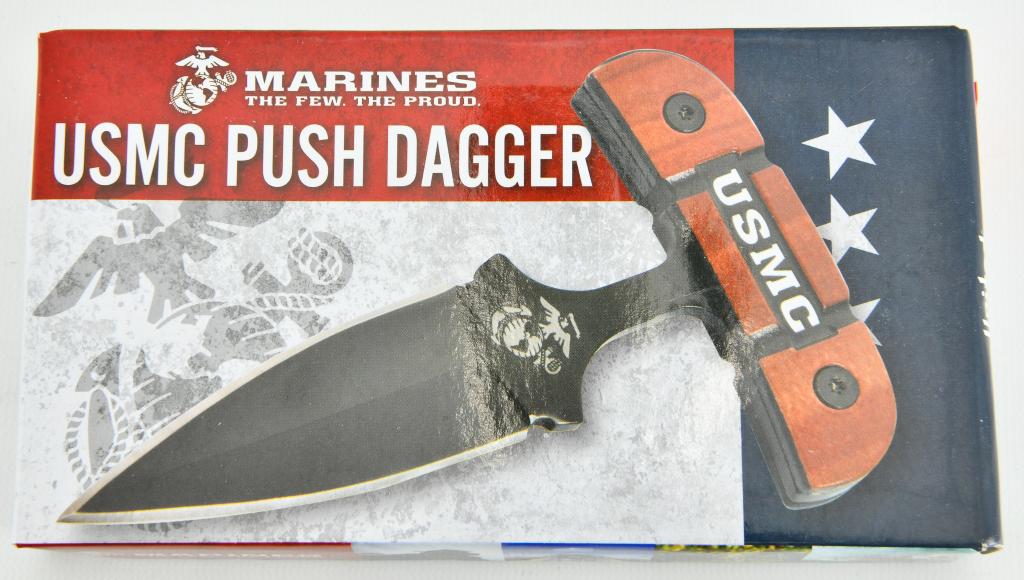 NIB United States Marine Core Push Dagger: NIB United States Marine Core Push Dagger, 3 1/4" Razor Sharp Stainless Steel Double Edge Blade, 5 1/2" Overall Push Dagger, Tough Nylon Belt Sheath, TPU Stacked Handle, New In Box