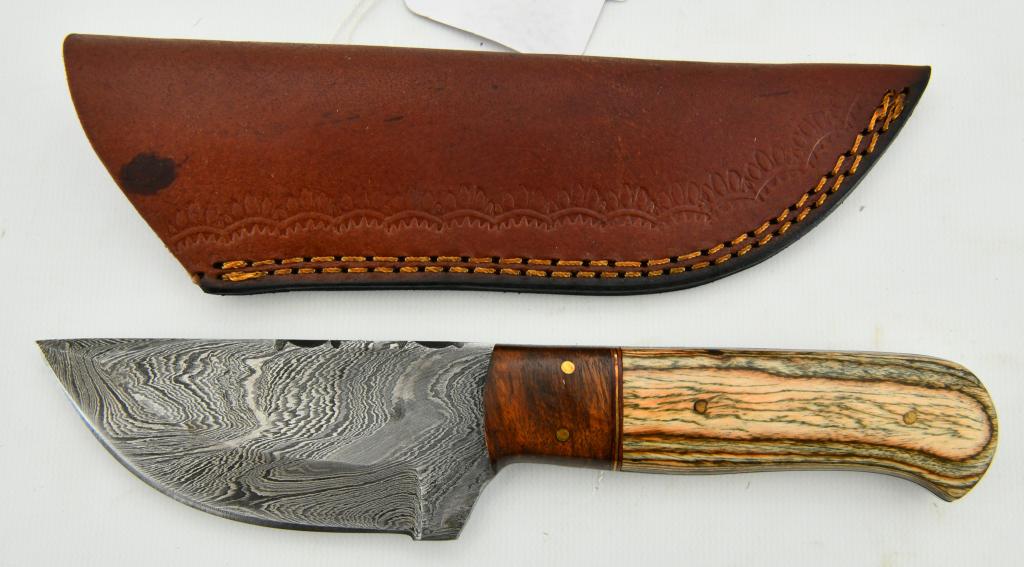Hand Crafted Fixed Blade Damascus Knife & Sheath: Hand Crafted Fixed Blade Damascus Knife & Sheath, Wood Handle , Full Tang , Damascus Blade Measures Approx 4" Long , Also Comes With Leather Sheath Which Appears in Excellent Condition , Knife Measure