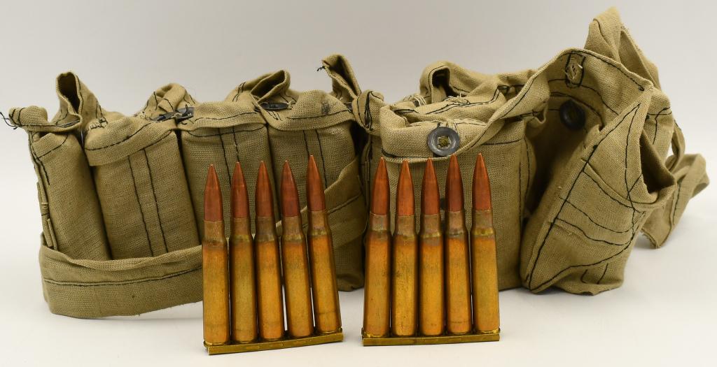 134 Rounds Of 8mm Mauser Ammunition W/ Bandoliers: 134 Rounds Of 8mm Mauser Ammunition W/ Bandoliers, Brass Cased Full Metal Jacket Ammunition On Stripper Clips With 2 Bandoliers, 27 Stripper Clips Total