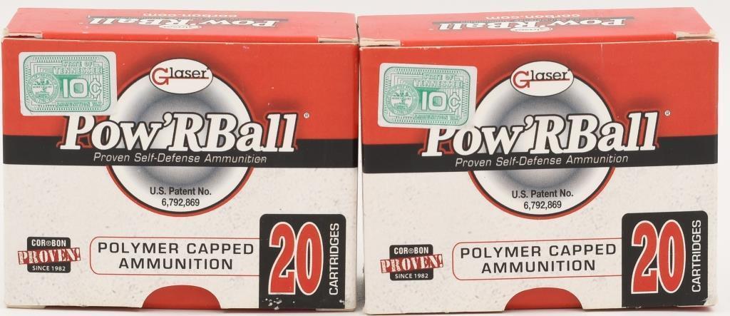 40 Rds Of Glaser Pow'RBall .380 Auto Ammunition: 40 Rounds Of Glaser Pow'RBall .380 Auto Ammunition 70 Grain Loaded by Cor-Bon, the Pow'Rball round is a controlled expansion copper-jacketed compressed lead core hollow point bullet capped with a poly