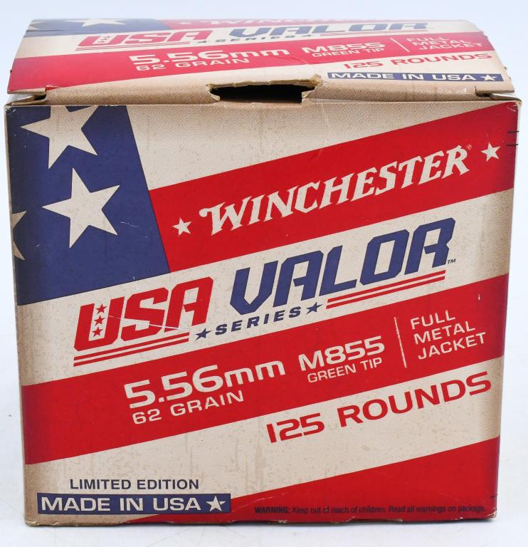 125 Rounds of Winchester 5.56 M855 Ammunition: 125 Rounds of Winchester 5.56 M855 Ammunition 125 Rounds 62 Grains SS109 FMJ Green Tip 3060 fps Loaded by Winchester in support of its commitment to American freedom offers this M855, SS109 ammunition
