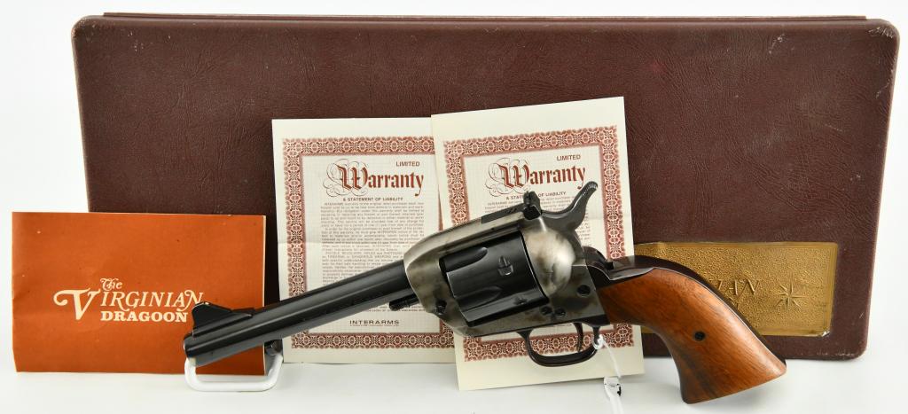 Interarms The Virginian Dragoon Revolver .44 Mag: Up Next We Have an Interarms Virginian Dragoon single-action revolver chambered in .44 Mag. Serial #4009. This revolver is in great condition and comes with the original case and manual. Butt Marked "
