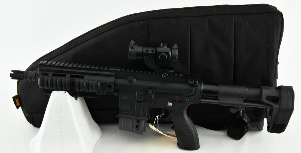 Heckler & Koch HK416 .22 LR Sporting Pistol: Up Next We Have a Cool Heckler & Koch HK416 black modern sporting pistol with M-LOK mounts, Index Clips, AR pistol grip and SB Tactical SBPDW collapsible 3-position pistol stabilizing brace, Chambered