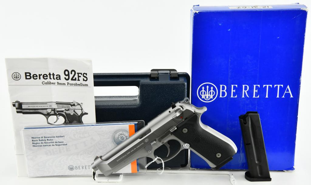 Beretta Model 92FS Inox Stainless Semi-Auto 9MM: Up Next We Have a Beretta Model 92FS Inox Stainless Semi-Auto Pistol Chambered in 9MM, It Comes With Two Magazines, Appears in Brand New Condition, and Comes in The Factory Hardcase With Paperwork and
