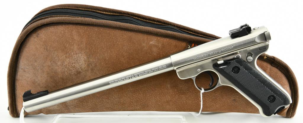 Nice Ruger Mark II Stainless Target Pistol .22 LR: Up Next We Have a Nice Ruger Mark II KMK-10 Stainless Target Pistol Chambered in .22 LR, 10" Heavy Bull Barrel, Adjustible Rear Sight, Black Checkered Plastic Grips, and Comes in a Nice Padded Softcas