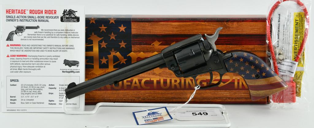 Heritage Rough Rider American Flag Revolver .22 LR: Up Next We Have a Brand New Heritage Manufacturing Inc. Rough Rider Revolver Chambered in .22 LR, 6-1/2" Barrel, 6 Round Cylinder, Fixed Sights, American Flag Grips, Black Finish, and Comes in the Fac