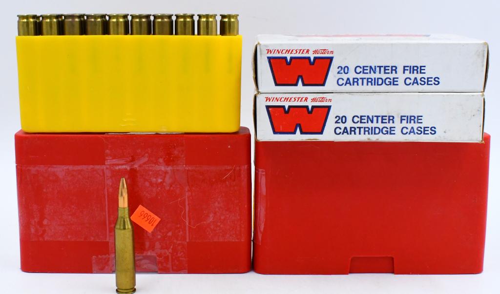 60 Rounds of .243 Win Ammo & 40 Ct Of Empty Brass: 60 Rounds of .243 Win Ammo & 40 Ct Of Empty Brass Casings, 60 Rounds Of Mixed Head Stamped Brass Cased Ammunition With 3 Plastic Ammunition Storage Containers & 40 Count Of Winchester Western .243 Win
