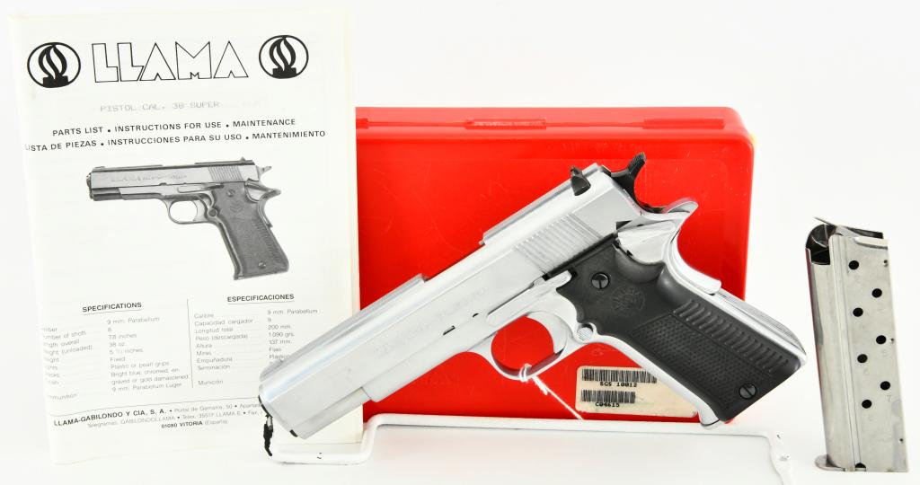 Llama 1911 Model XI-B Semi Auto Pistol .38 Super: Up Next We Have a Chrome Llama 1911 Model XI-B Semi Auto Pistol Chambered in .38 Super and Comes With Two Magazines, and in The Factory Box With Paperwork. Overall in Excellent Condition.