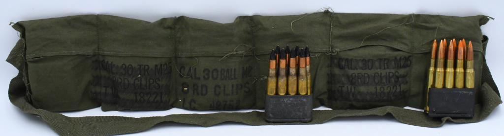 56 rds of .30-06 Ammo AP and Tracer: 48 rds of .30-06 cal Military Surplus ammo on Enbloc clips with orange tip (Delay Tracer) , there is also 8 rds 30-06 BLACK TIP ARMOR PIERCING ammo on GARAND CLIP and comes with Military Bandolier tha