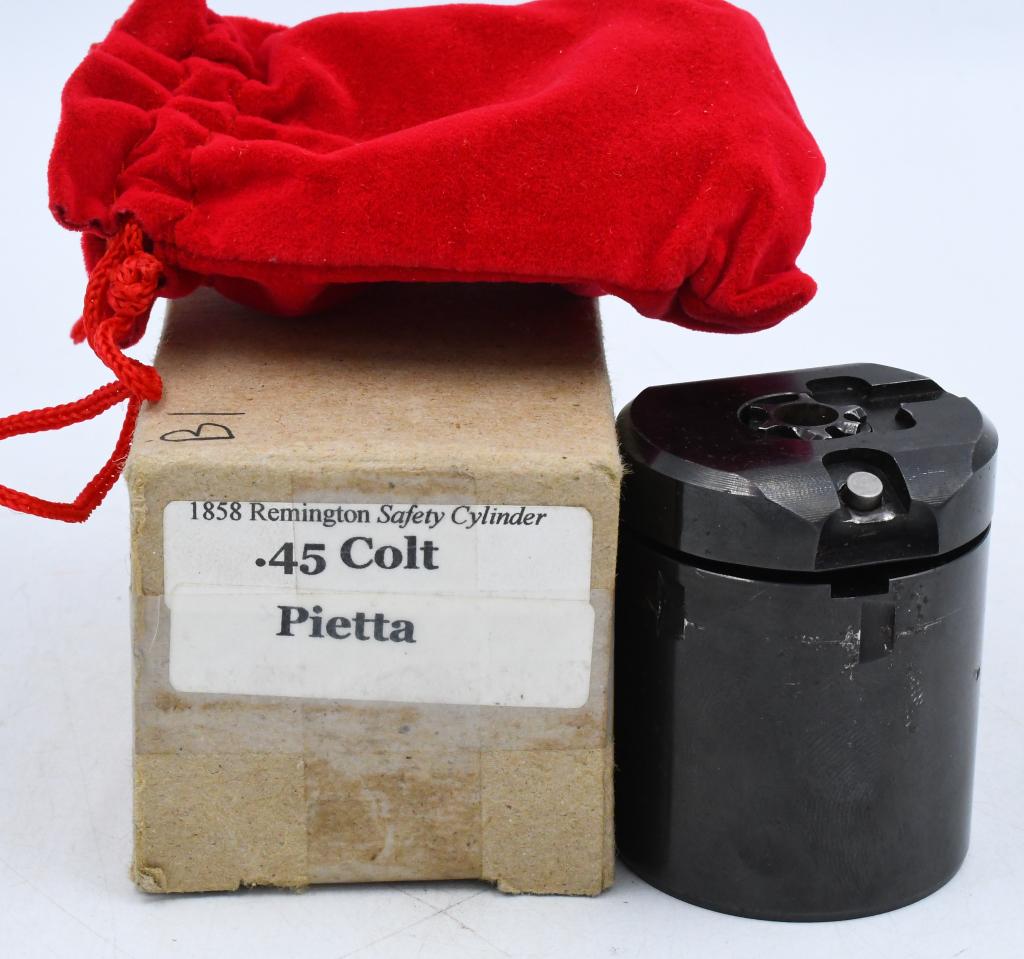 Kirst 1858 Remington Safety Cylinder .45 Colt Piet: Lot contains Kirst 0516 1858 Remington Safety Cylinder .45 Colt Pietta in red velvet sack. conversion cylinder, which will allow you to optionally load your revolver without removing the cylinder.