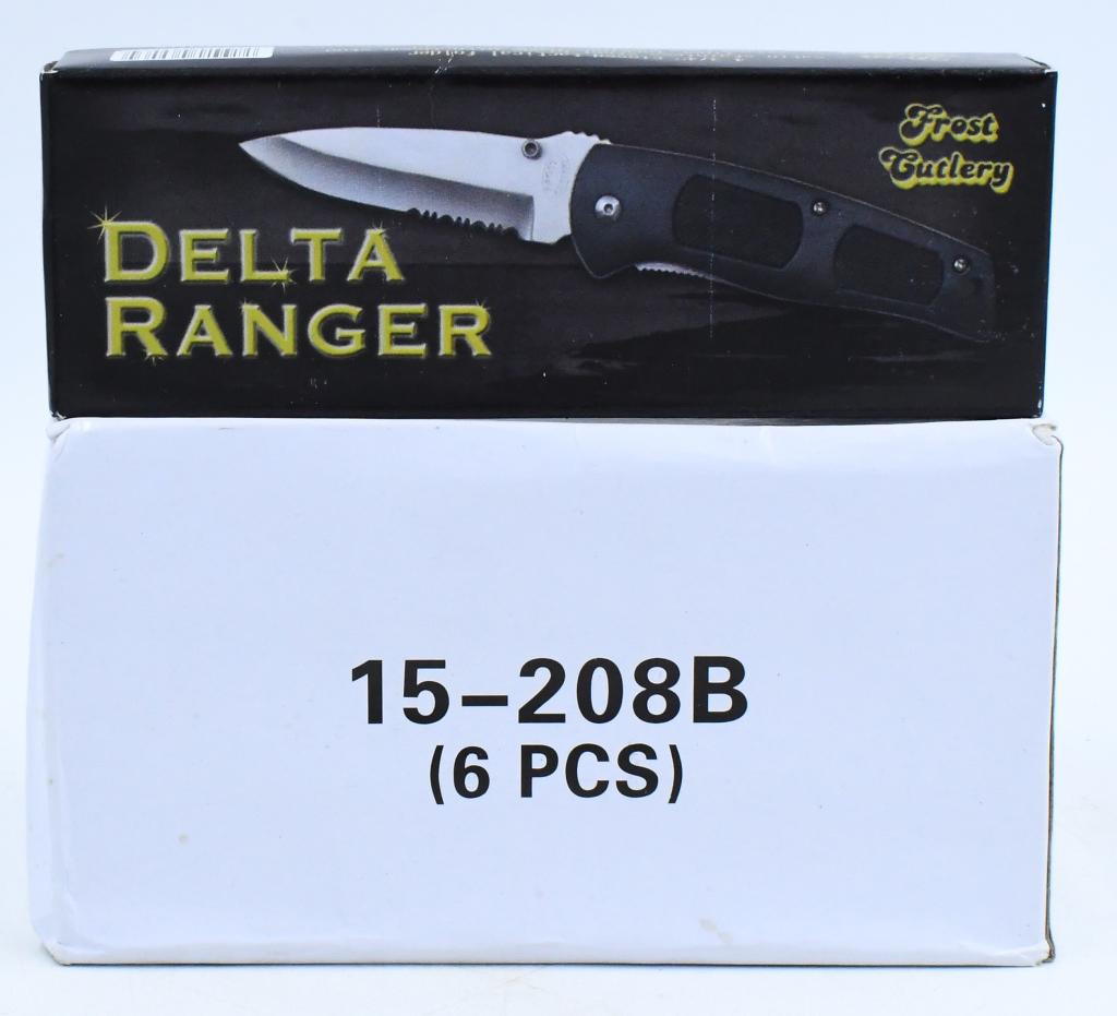 (6) Delta Ranger Folding Pocket Knives NEW: lot contains 6 New in the box Delta Ranger Folding pocket knives by Frost Cutlery, 4 3/4" closed tactical folder, satin stainless steel blade with thumb stud liner locking, half serrated rubberized ha