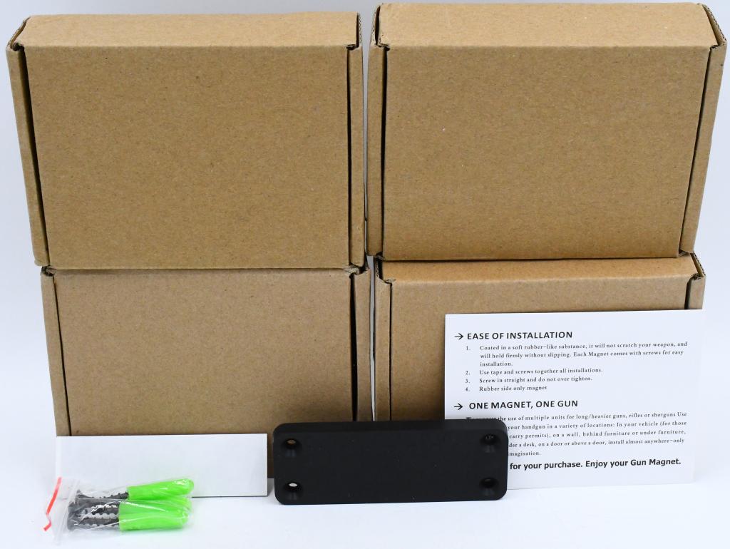 (4) Tracker Safe Gun Magnets new in package: The Tracker Safe Gun Magnet can be mounted practically anywhere. The powerful magnets can hold up to 45 lbs. This easily supports and holds any full frame pistol or revolver upside down. This magnet i