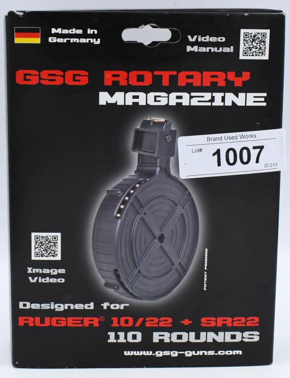 GSG Ruger 10/22 .22 LR Drum 110 Round Magazine: GSG Ruger 10/22 .22 LR Drum 110 Round Magazine Polymer, Black, New in Box, This Ruger rifle drum magazine from German Sport Guns functions reliably with all types of .22 Long Rifle ammunition. The 10/