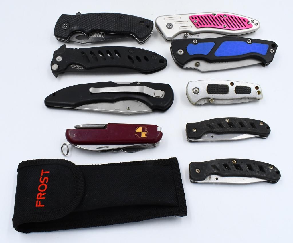 9 Various Size Folding Pocket Knives: 9 Various Size Folding Pocket Knives, Includes 1 Frost Cutlery Flying Falcon , 1 M-14 Sniper 440 Stainless Steel Knife, 1 Remington Sport Series , & 2 Barracuda Folding Pocket Knives , Also Comes With