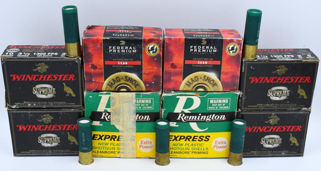 approx 110 rds 10 Gauge Shotshells various: lot contains 4 boxes 40 rds of Winchester 10 gauge 3.5" 1300 FPS 2 oz 5 shot supreme ammo, with remaining rds 10 gauge various Mfg 10 Gauge shotshells