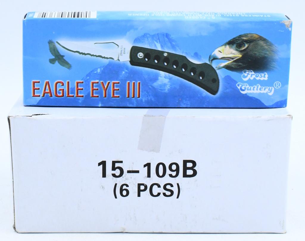 (6) Eagle Eye III Folding Pocket Knife Frost cutl: lot contains 6 new in the box Eagle Eye III Folding pocket knife by Frost Cutlery, 5" closed folding knife, stainless steel blade with thumb hole opener, lockback half serrated blade, lightweight hand