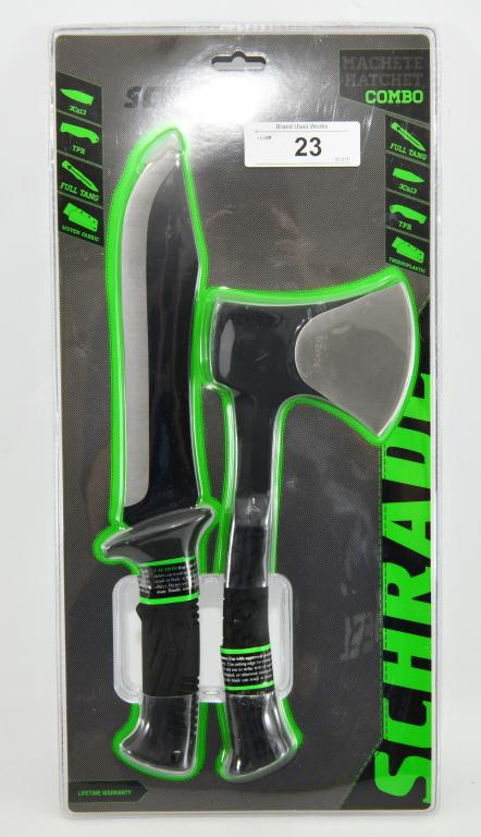 The Schrade Axe and Machete Combo New in pkg: Both of these handy tools feature tough, full tang construction. The TPR handles provide a sure and comfortable grip. The black powder coated 3Cr13 stainless steel blades ensure the durability and lon