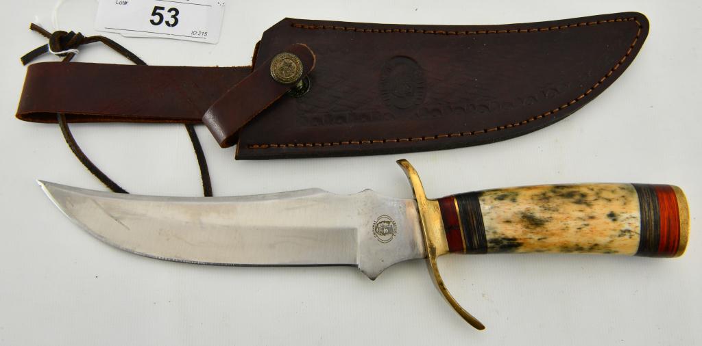 Chipaway Fixed Blade Bowie Knife bone handle w/she: Chipaway Cutlery 12" Bowie knife with Fixed blade, 440HC stainless blade, one side sharp edge, multi color bone handle with brass bolster and brass pommel. This 12" knife comes with a leather sheath (