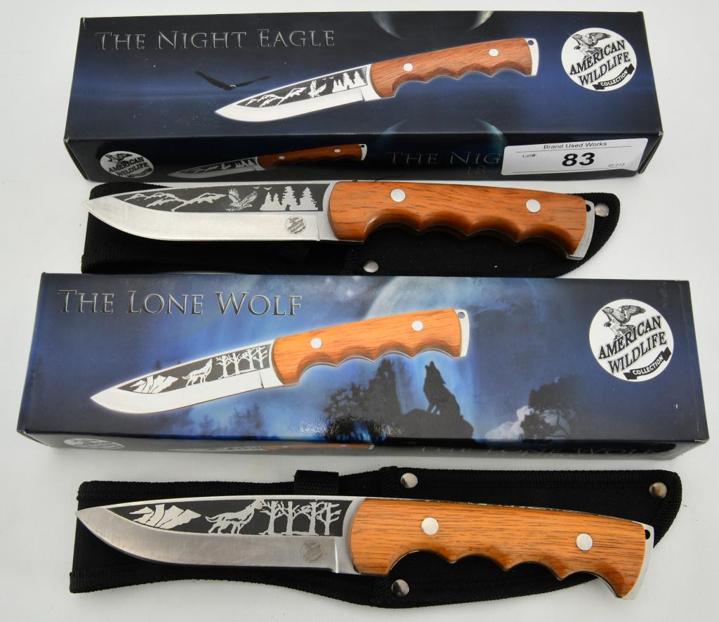 (2) American Wildlife Fixed Blade Knives NEW: Lot contains one new in the box "The Night Eagle 9.5" fixed blade bowie knife with stainless steel blade with Eagle Etch blade, full tang construction, lanyard hole and wood handle scale, the Second F
