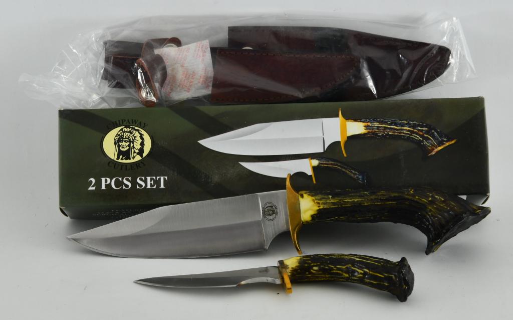 Chipaway 2 pcs Set Hunting knives new in box: lot contains new in the box Chipaway 2 pc set Hunting knife with 13.5 and 8.5" overall knife lengths, both come with surgical steel blade,, hunting knife imitation stag handle. both come in leather sh