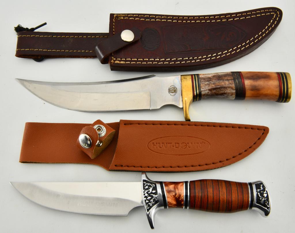 (2) Bowie Knives with Sheath 12" & 10": lot contains two Fixed blade Bowie Knives one is 10" Hunt-Down Fixed Blade Knife with engraved Handle and Sheath- 10" Overall Length 4.5" Handle Length, 5.5" Blade Length, Engraved Silver and Brown Wo
