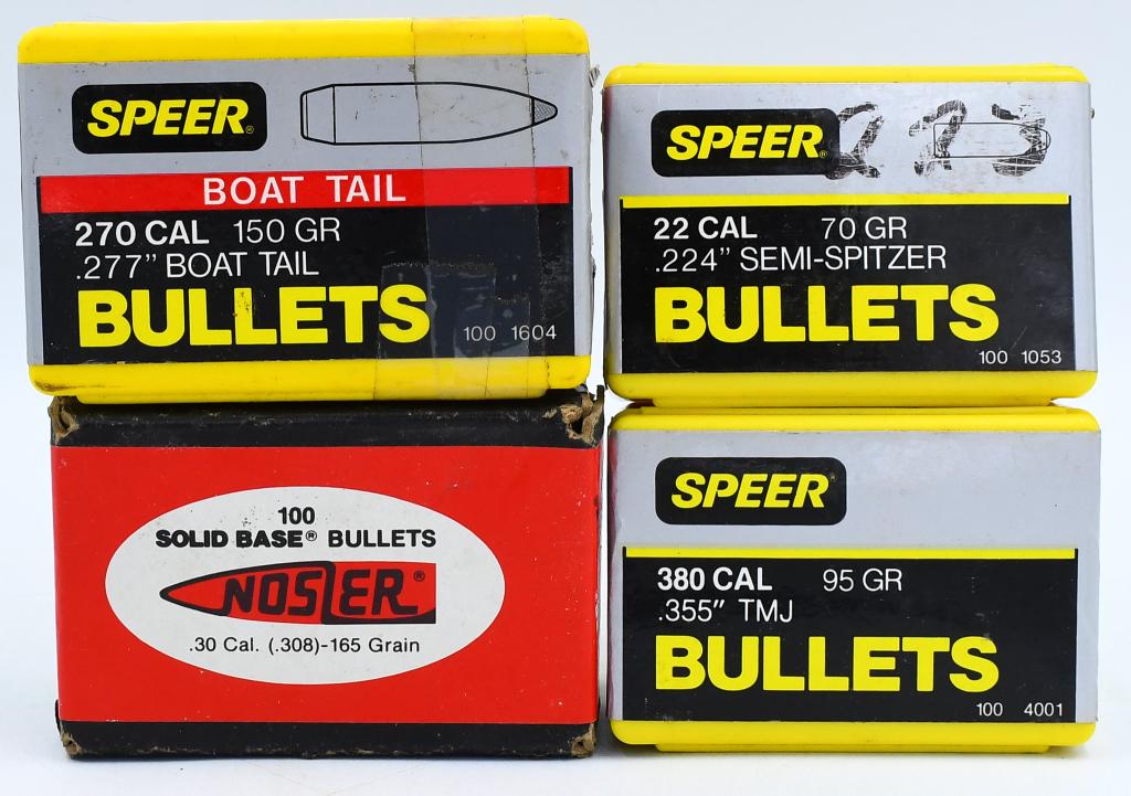 400 Count of Various Caliber Reloading Bullet Tips: 400 Count of Various Caliber Reloading Bullet Tips, Lot Contains, 100 Count of Speer 270 Cal 150 Grain Boat Tail Tips, 100 Count of Speer .380 Cal 95 Grain TMJ Tips, 100 Count of Speer .22 Caliber 70 