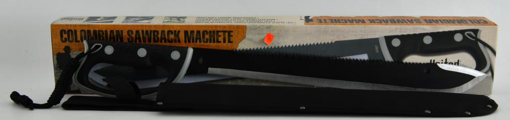 Colombian Sawback Machete w/Sheath: Super Cool Colombian Sawback Machete, 18" AUS-6 stainless steel sawback blade, TPR handle with Knuckle guard, riveted heavy duty nyon sheath, and paracord wrist lanyard. by United Cutlery