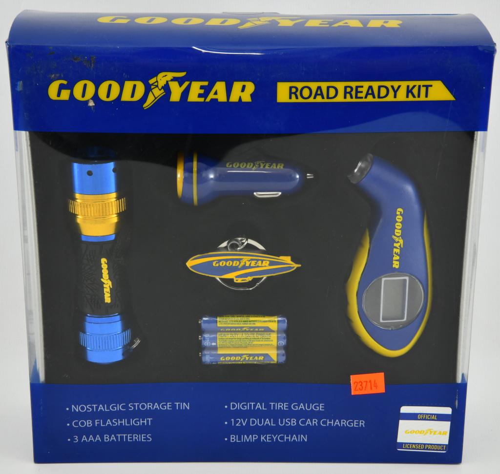 Goodyear Road Ready Kit New in package: New sealed- Comes with nostalgic storage tin-Cob flash light-3 AAA Batteries - Digital tire gauge -12V USB Car Charger -Blimp key chain