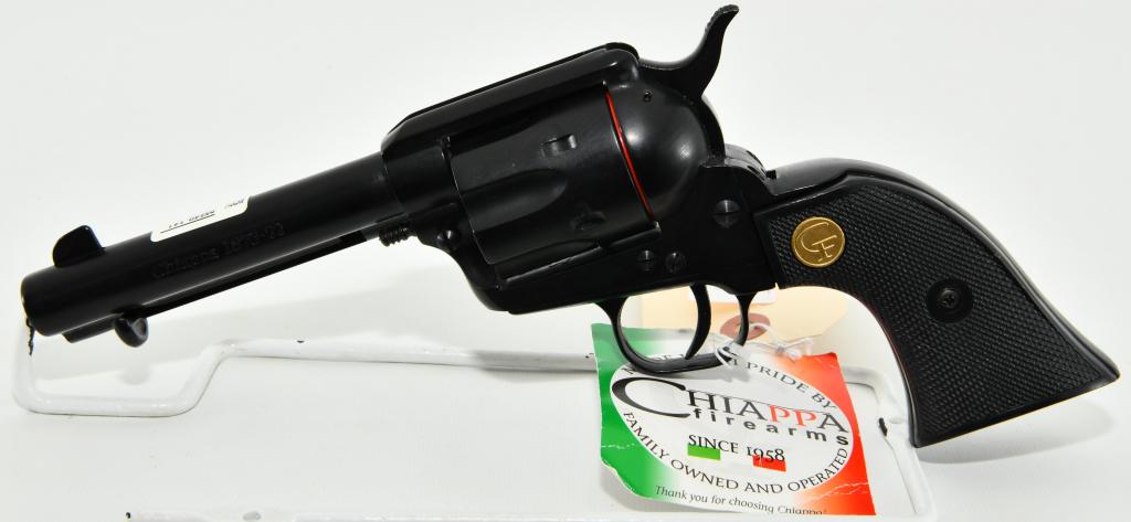 NEW Chiappa Firearms 1873 Revolver S.A. .22 LR: Up Next We Have a New Chiappa 1873-22 Single Action Revolver Chambered in .22 LR, 4 1/2" Barrel, 6 Round Cylinder, Fixed Sights, Black Grips. Still Has Hang Tag. More From The Internet Below: A reprod