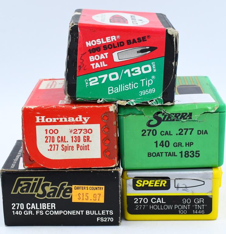 Approx 70 Count Of Various .270 Cal Bullet Tips: Approx 70 Count Of Various .270 Cal Bullet Tips, Lot Contains, 5 Nosler Boat Tail Tips, 20 Count of Winchester Failsafe 140 Grain Tips, 18 Hornady Spire Point 130 Grains, 15 Sierra Game King 140 Grain