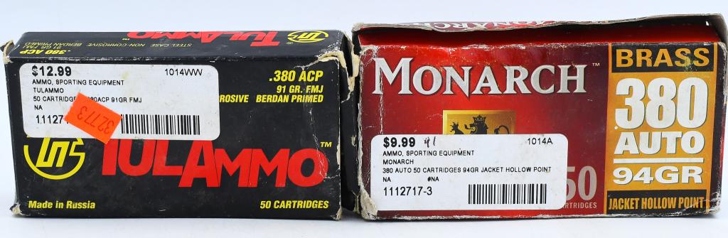 91 Rounds Of .380 Auto Ammunition: 91 Rounds Of .380 Auto Ammunition, 50 Rounds Are TulAmmo 91 Grain Full Metal Jacket , & 41 Rounds Are Monarch Brass 94 Grain Jacketed Hollow Point Ammo