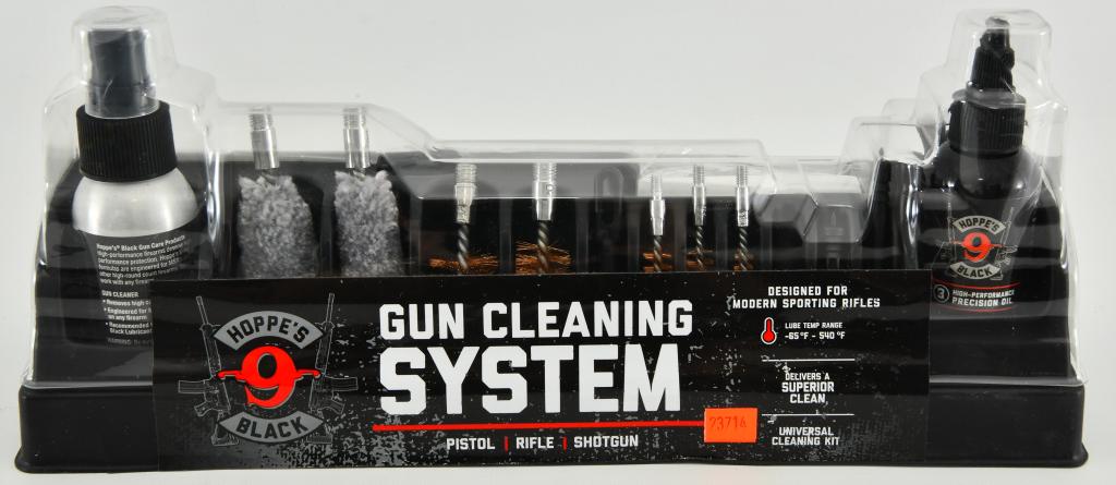 Hoppe's 9 Black Gun cleaning System New: New in the package; Hoppe's No. 9 Black Universal Gun Cleaning System Hoppe's Item Number HBCKU Reusable Storage Case 3-Piece Aluminum Rod 12 Gauge Phosphor Bronze Brush 20 Gauge Phosphor Bronze Brush