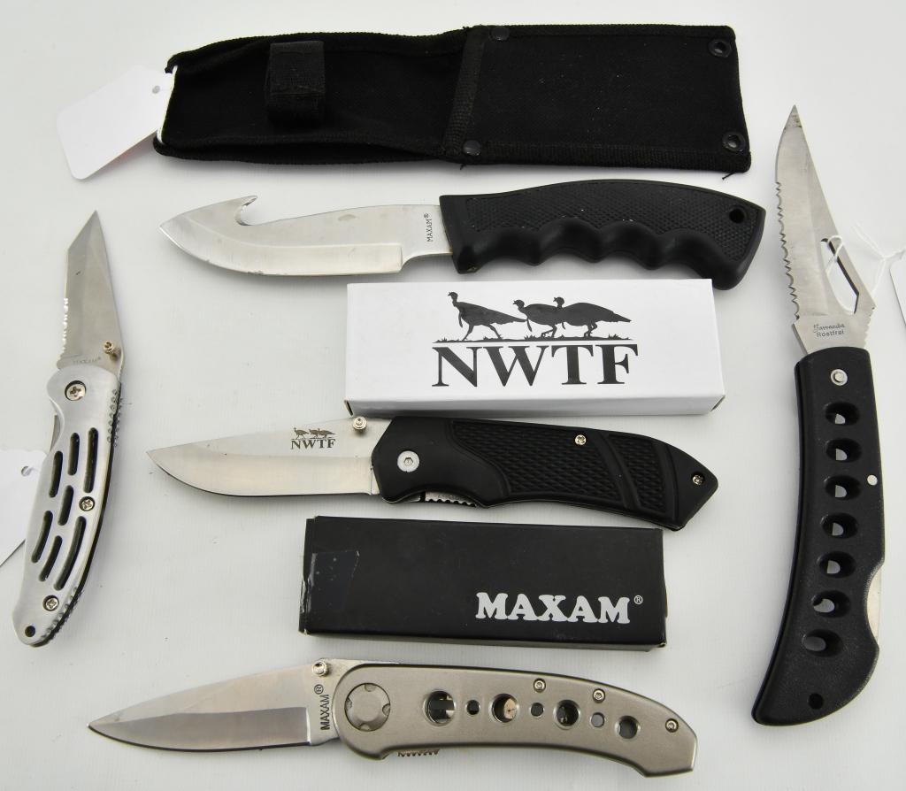 (5) Various Knives; folding pocket & dagger: Lot contains a Maxam Gut hook Knife with sheath, blade is approx 4.5" in length, with an overall length of 9", stainless steel blade with rugged rubber handle with finger grooves for better gripping p
