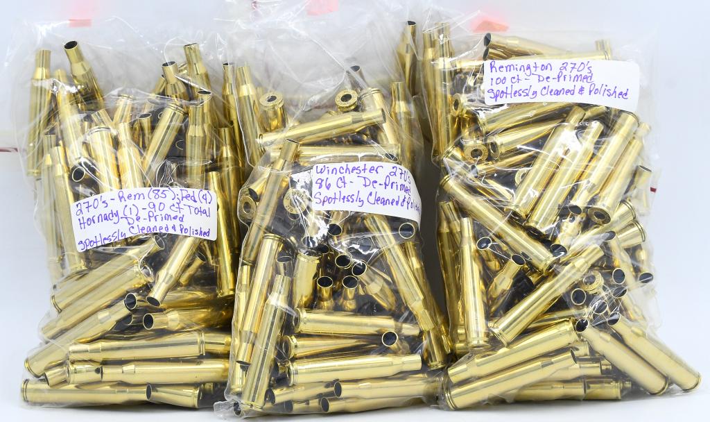 Approx 276 Count of .270 Win Empty Brass Casings: Approx 276 Count of .270 Win Empty Brass Casings, 90 Count Are Hornady Empty Brass, 86 Count Are Winchester Empty Brass, & 100 Count Are Remington Spotlessly Cleaned & Polished & Dr-Primed Empty Brass