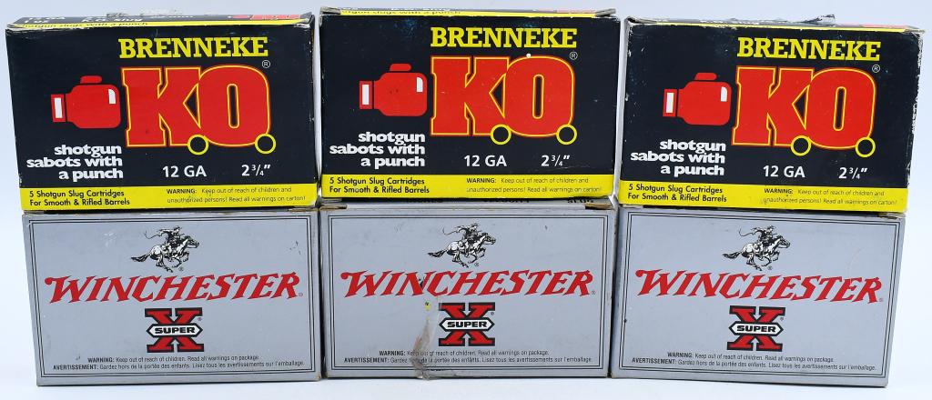 30 Rounds Of 12 Gauge Rifled Slug Shotshells: 30 Rounds Of 12 Gauge Rifled Slug Shotshells, 15 Rounds Are Winchester 2 3/4" 1 Oz Rifled Hollow Points Slugs, & 15 Rounds Are Brenneke Ko 1 Oz KO Slugs