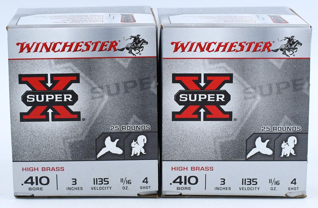50 Rounds of Winchester Super-X .410 Ga Shotshells: 50 Rounds of Winchester Super-X .410 Ga Shotshells Bore 3" #4 Shot 11/16oz For those hunters with their hearts set on larger upland birds, you can't go wrong with Winchester's Super-X High Brass Game 