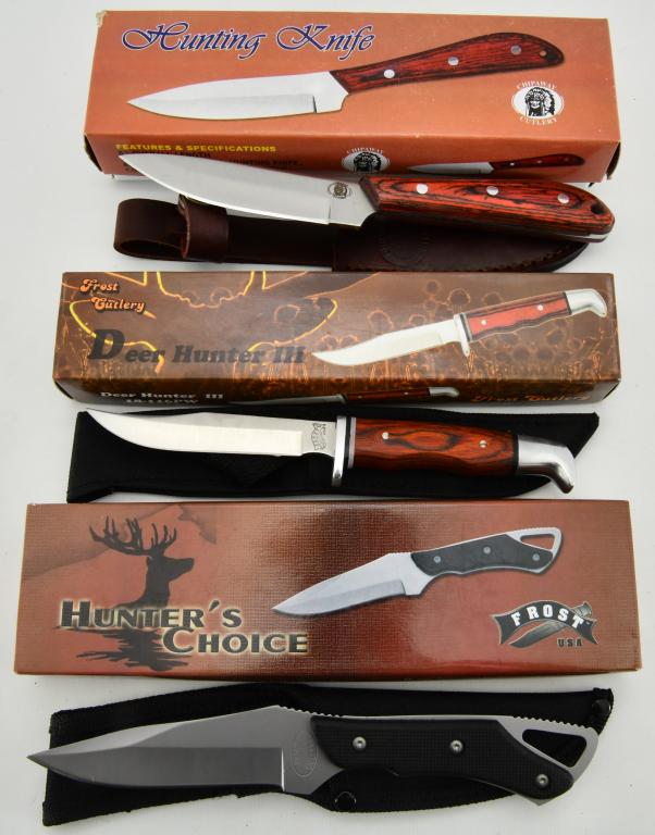 (3) Various Hunting Knives with fixed bladesNEW-: Knife one is the Hunting Knife by Chipaway Cutlery, this knife features 8" overall length, surgical steel blade, this hunting knife comes with brown color pakka wood handle and a leather sheath, Knife
