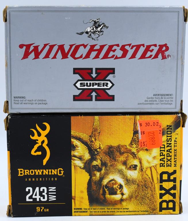 40 Rounds Of .243 Winchester Magnum Ammunition: 40 Rounds Of .243 Winchester Magnum Ammunition, 20 Rounds Are Browning BXR Rapid Expanding 97 Grain Whitetail Mule Deer Ammo, & 20 Rounds Are Winchester 100 Grain Power Point Super-X Ammo