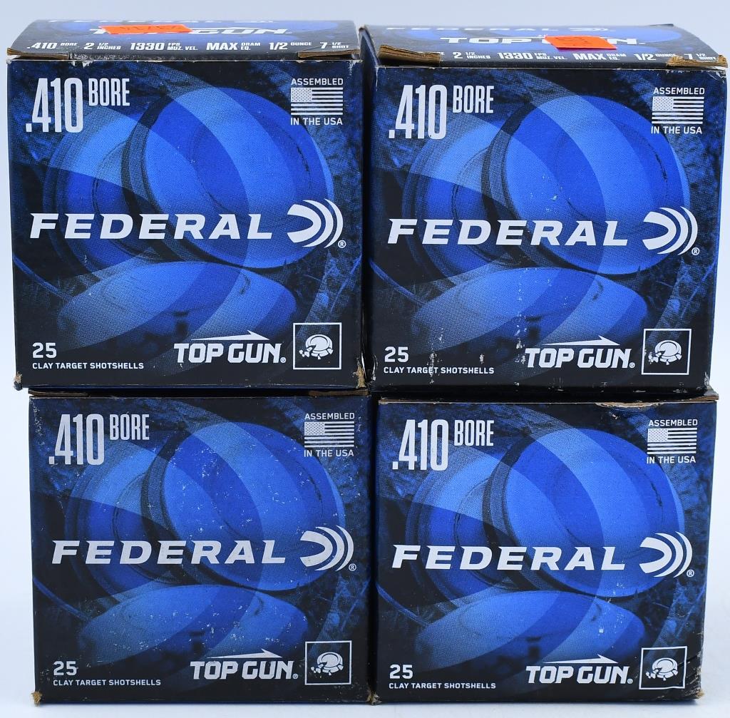 100 Rounds Of Federal Top Gun 410 Ga Shotshells: 100 Rounds Of Federal Top Gun 410 Ga Shotshells 2-1/2" Shell #7.5 Lead 1/2 oz 1330 fps Be at the top of your game with Top Gun from Federal Ammunition. Top Gun ammunition has been the load of choice f