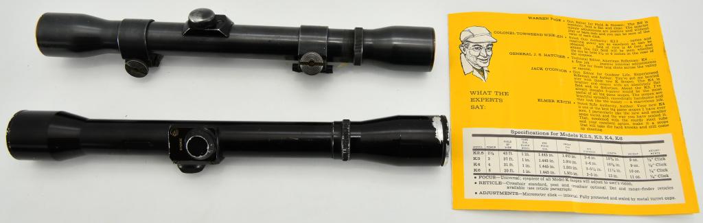 (2) Vtg Riflescopes; Weaver K4 and 4x Plum #3133 s: Lot contains one Vintage Weaver K4 Riflescope, comes in matte black and is a 1" tube, scope measures approx 11.5". Comes with scope rings mounted. This scope comes with good clear optics, cross hair l
