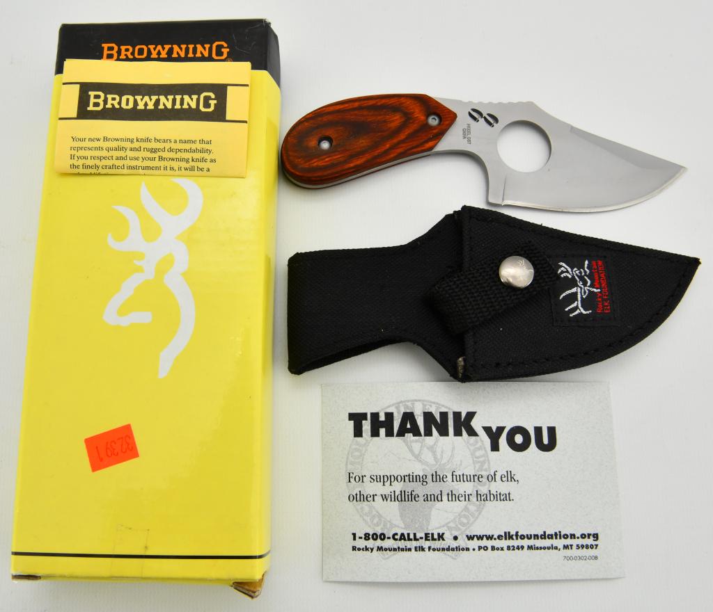 Browning model 087 Small Rhino Fixed Blade knife: New in the box Browning model 087 Small Rhino Fixed Blade Knife- Outdoor Tools Collection Camping Straight Gift Copper Head White Wood with Sheath, overall length of knife is 6.25", blade length is ap