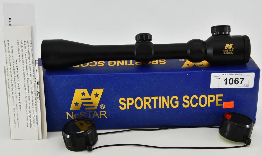 NcStar 3-9x40E Sporting Scope w/cover: Lot contains a real nice pre owned NcStar 3-9x40E Sporting Scope with lens cover, box and paperwork, super nice clear and crisp optics ; Multi-coated lenses, Variable power magnification, Quick focus 
