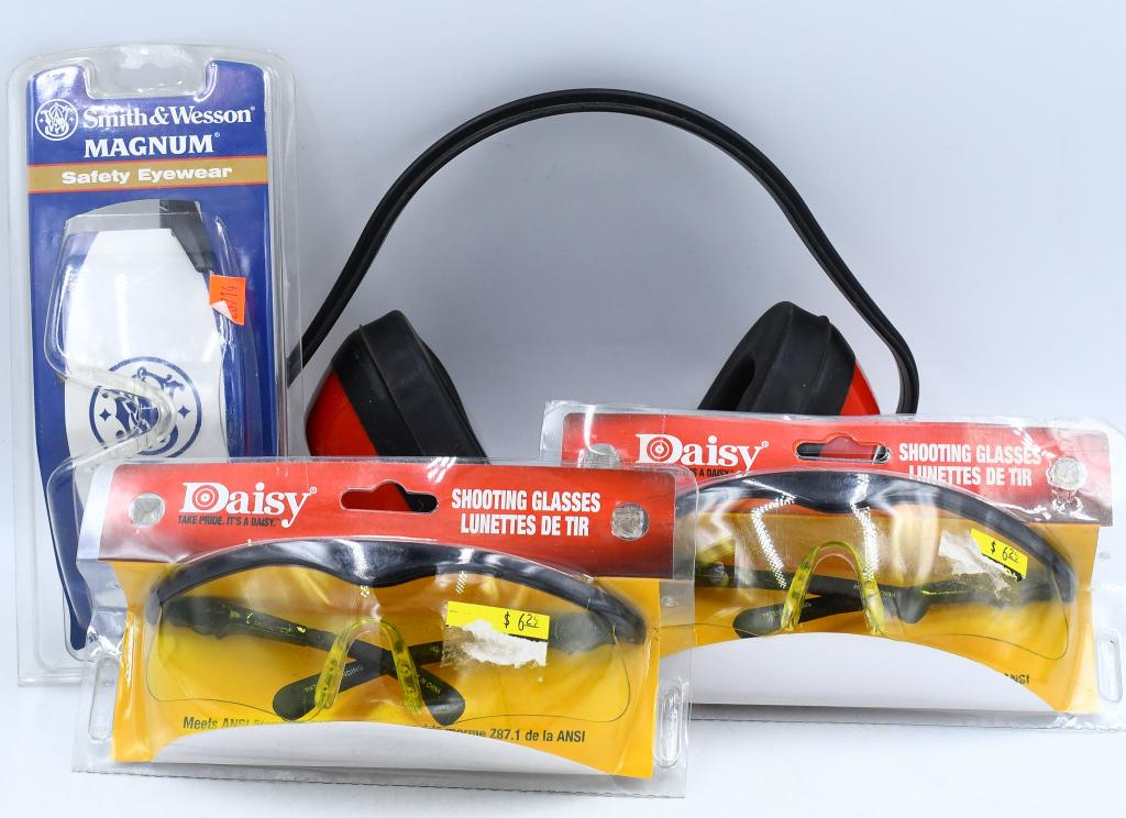 Protective Earmuffs & 3 Pairs New Safety Glasses: 1 Pair of Protective Shooters Earmuffs & 3 Pairs Of New Safety Shooting Glasses, 2 Pair Are Daisy Shooting Glasses, & 1 Pair Are Smith & Wesson Magnum Safety Eyewear